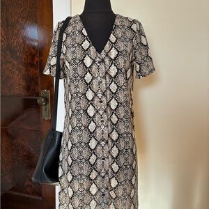 Snakeskin Print Button Front V-Neck Dress